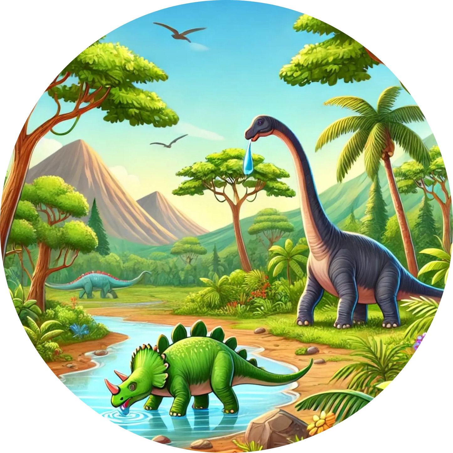  Langhals und kleiner Dino in Urwaldkulisse mit Palmen – helle, freundliche Farben