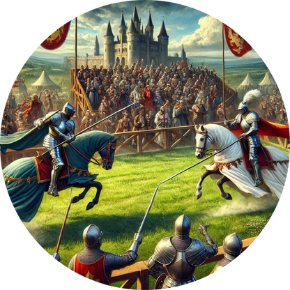 Lanzenkampf zwischen zwei Rittern zu Pferd – actionreiche Turnierszene vor Burgkulisse.