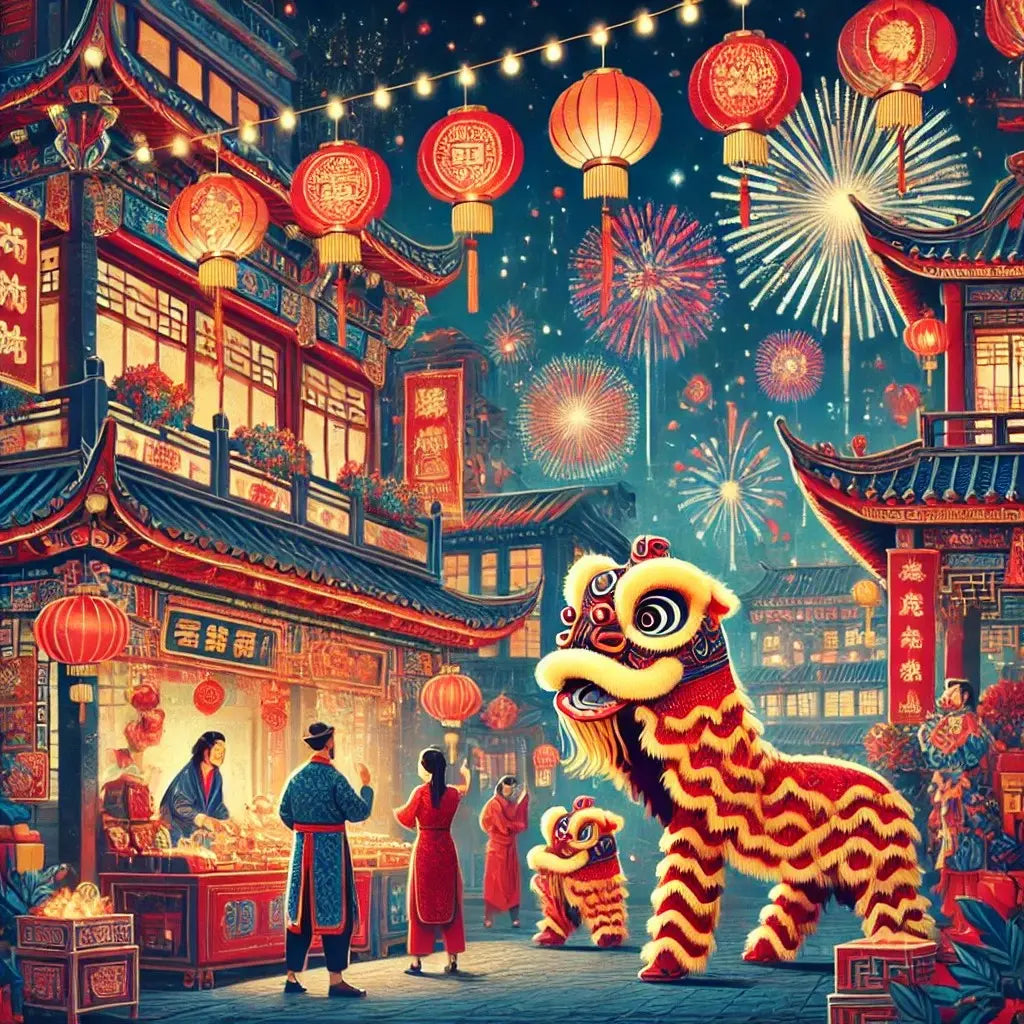 Chinesisches Laternenfest mit Drache – Farbenfrohes Straßenfest in Asien mit Laternen, chinesischem Drache und festlich geschmückten Gebäuden.