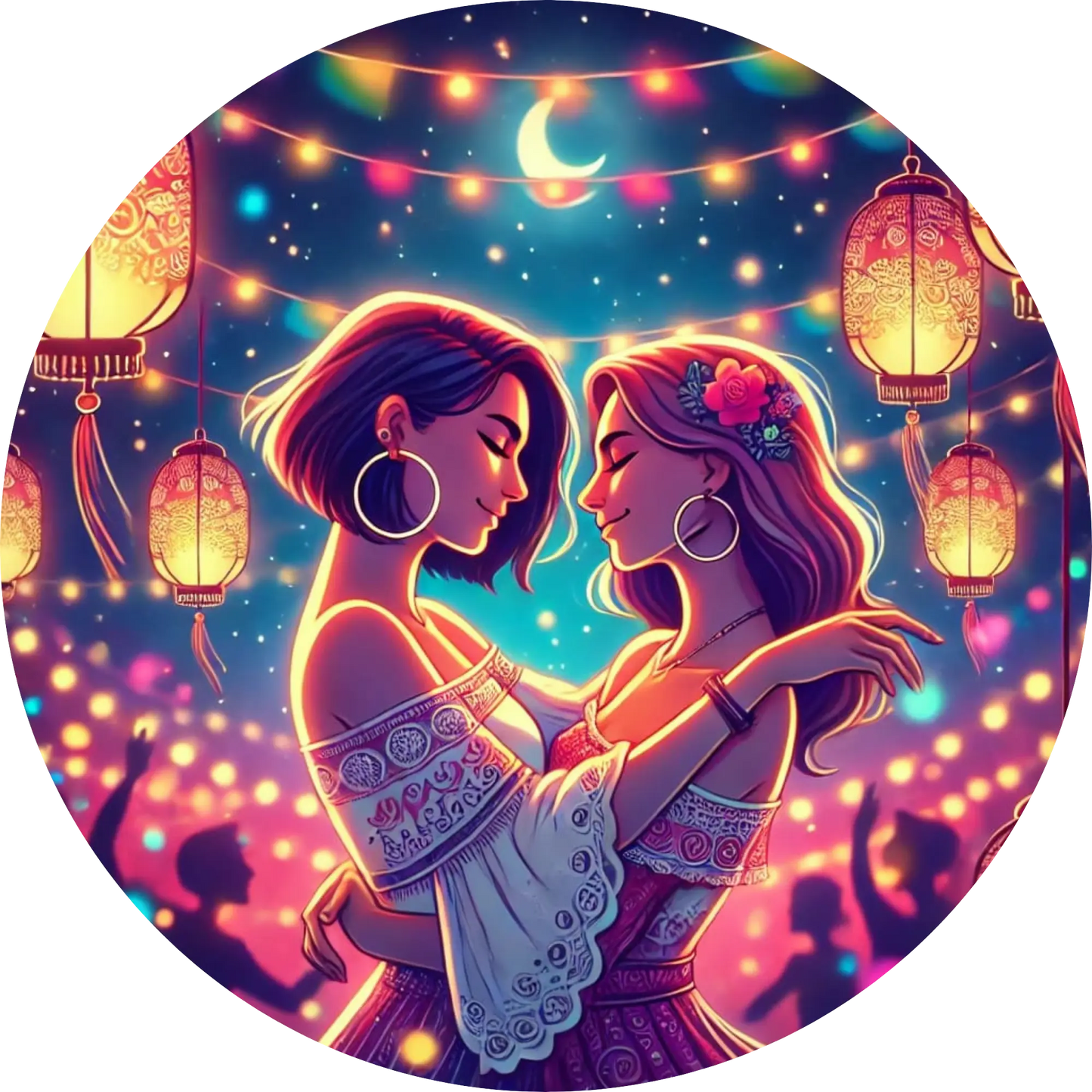 Zwei Frauen beim romantischen Blickkontakt unter Laternen und Lichterketten.