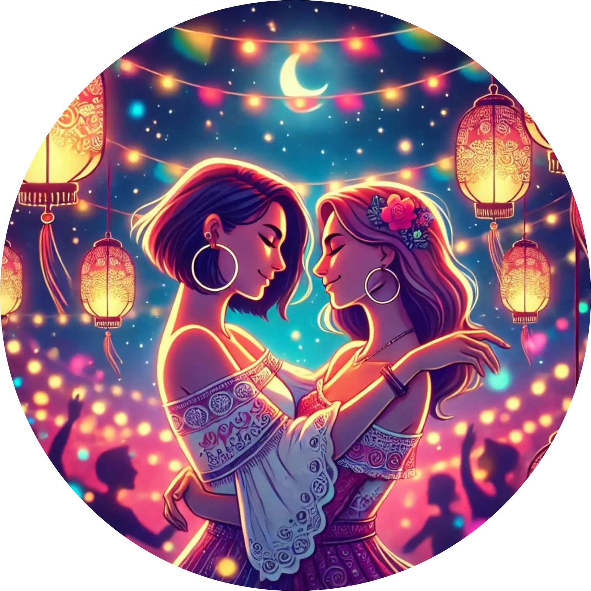 Zwei Frauen beim romantischen Blickkontakt unter Laternen und Lichterketten.