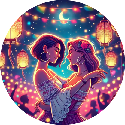 Zwei Frauen beim romantischen Blickkontakt unter Laternen und Lichterketten.