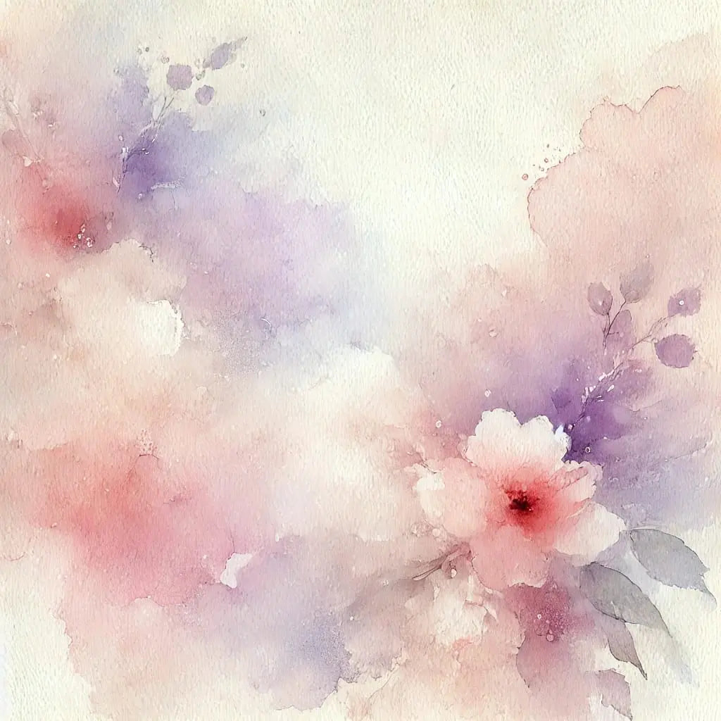 Aquarellhintergrund mit rosa und lavendelfarbenen Blüten – Zartes florales Aquarellbild mit verschwommenen Blüten in Rosa- und Lilatönen auf hellem Untergrund.