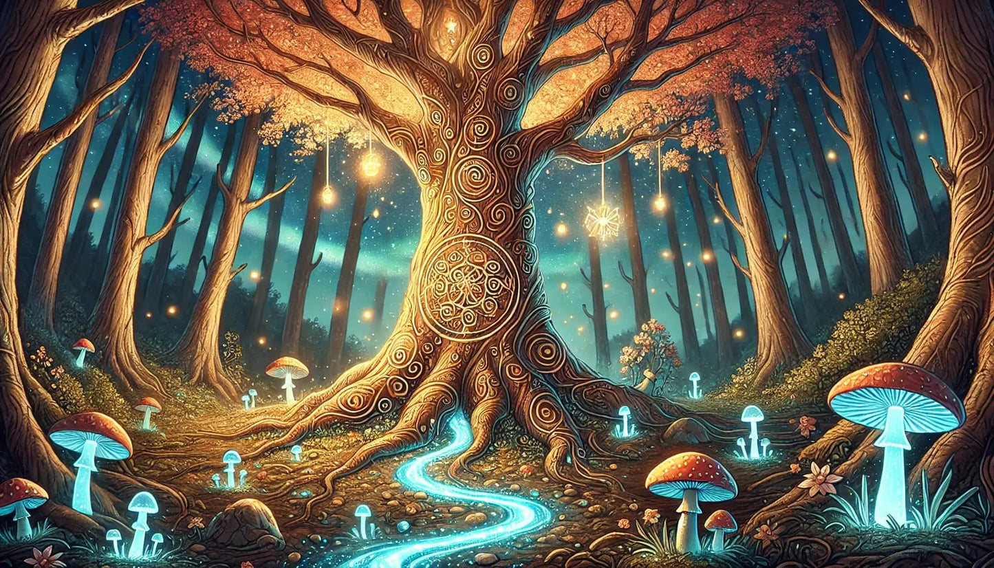 Magischer Lebensbaum mit leuchtenden Ornamenten, schimmernden Pilzen und einem Lichtstrom, eingebettet in einen verwunschenen Wald – spirituelle Fantasie-Szene.