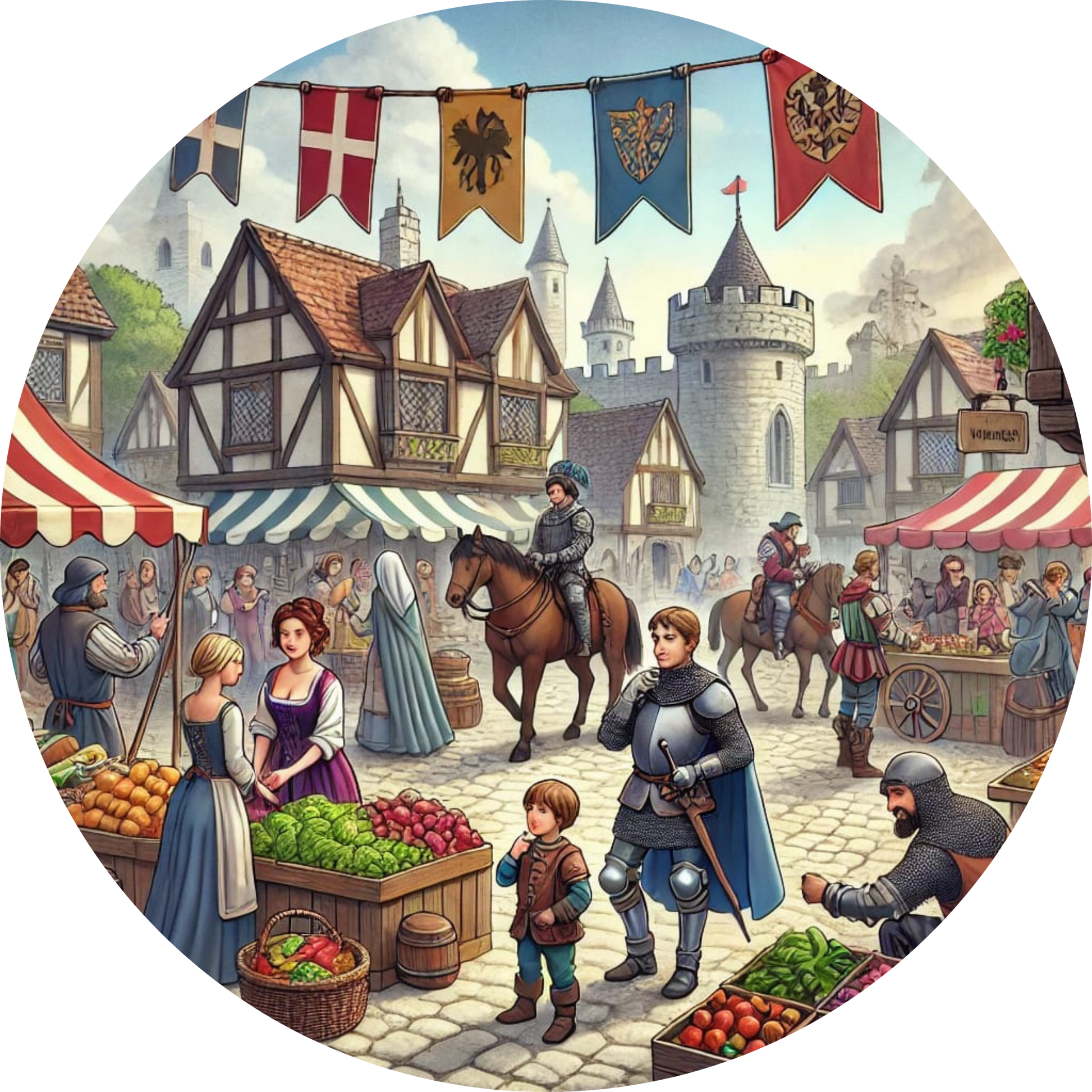 Markt- und Hafenszene in einer mittelalterlichen Stadt mit vielen Menschen