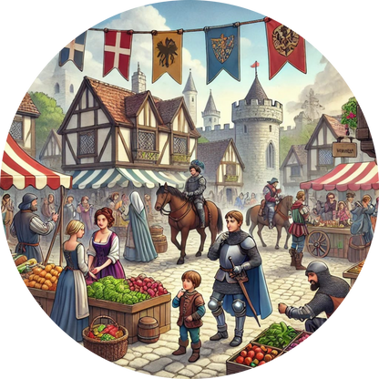 Markt- und Hafenszene in einer mittelalterlichen Stadt mit vielen Menschen