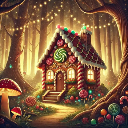 Ein hell erleuchtetes Lebkuchenhaus steht zwischen Bäumen, mit roten Pilzen und goldener Beleuchtung.