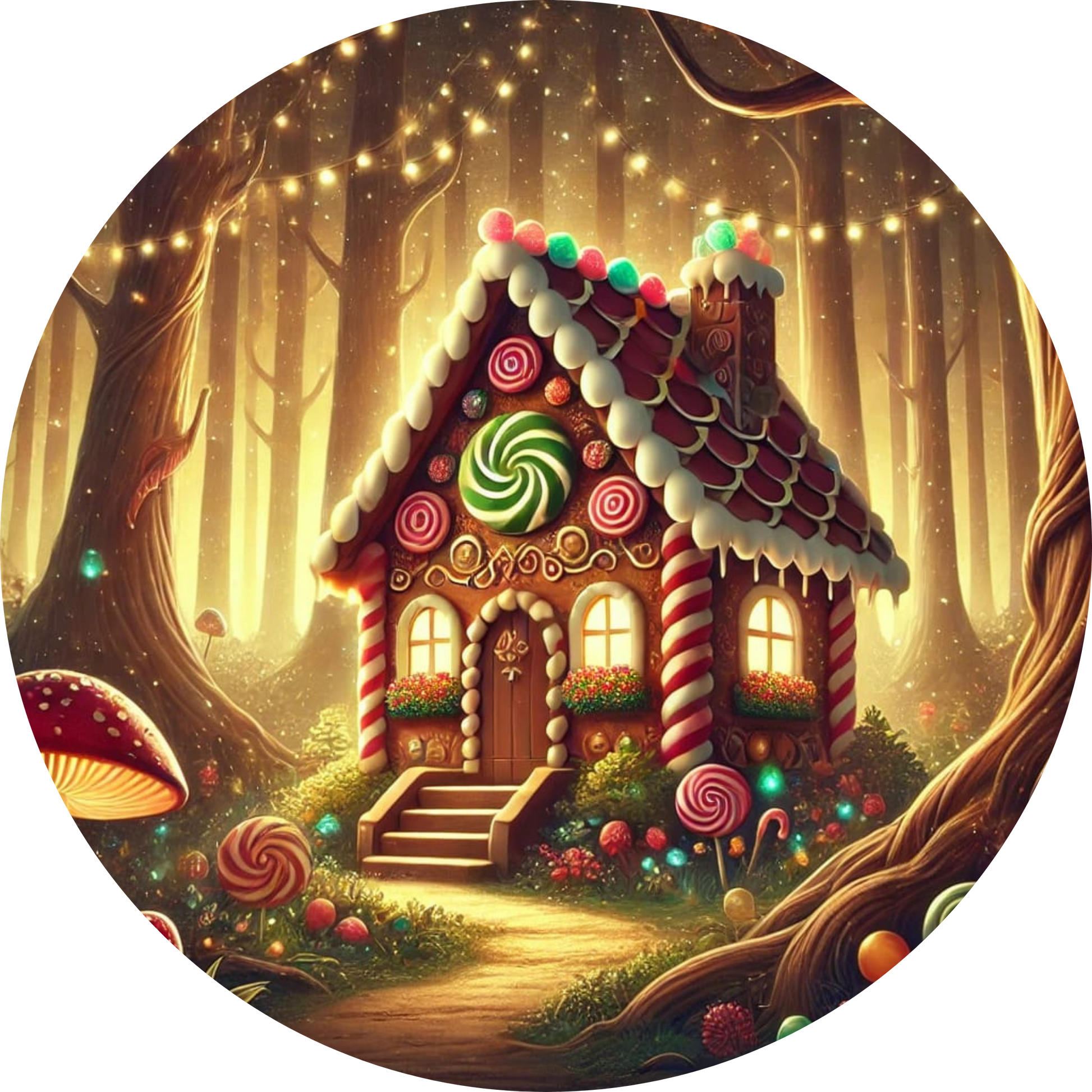 Lebkuchenhaus im Märchenstil mit Zuckerdekoration im dunklen Wald