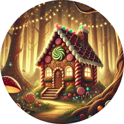 Lebkuchenhaus im Märchenstil mit Zuckerdekoration im dunklen Wald