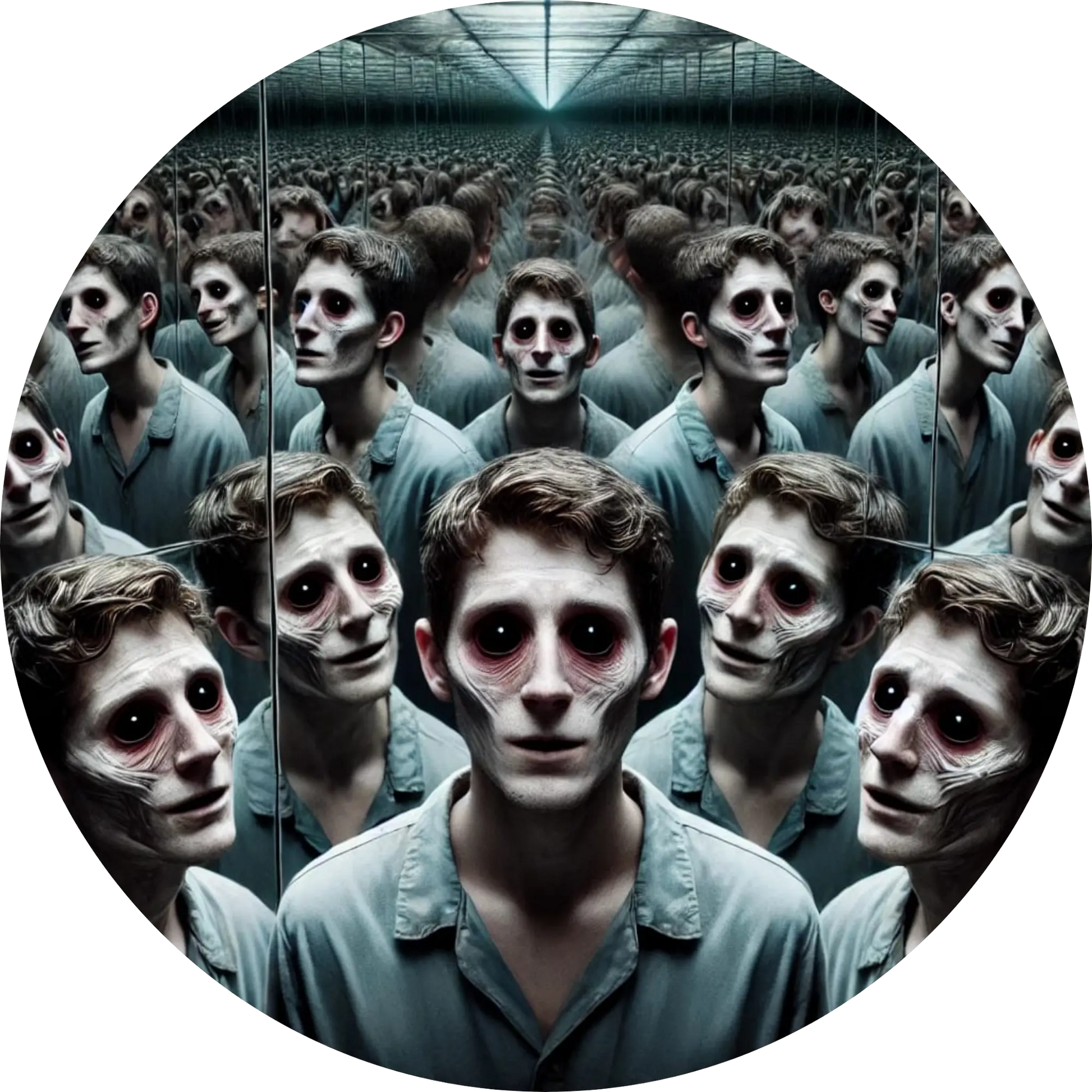 Gruppe identisch aussehender Gesichter mit starrer Miene
