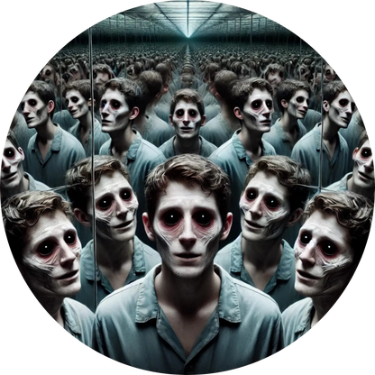 Gruppe identisch aussehender Gesichter mit starrer Miene
