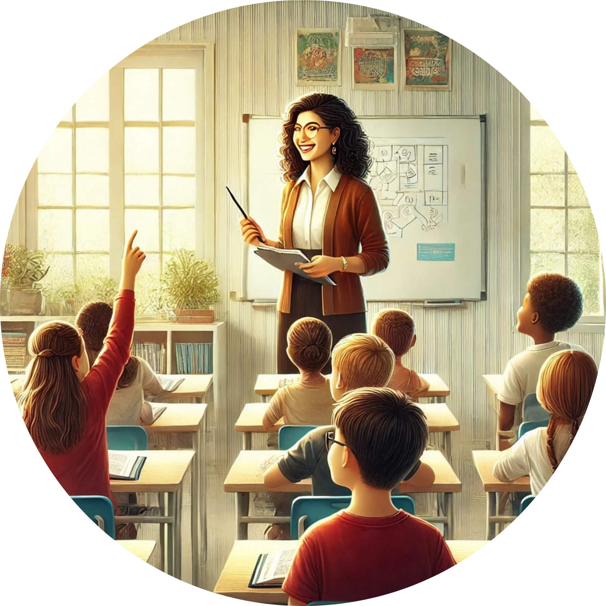 Lehrerin erklärt vor einer Schulklasse an der Tafel