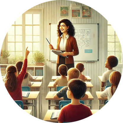 Lehrerin erklärt vor einer Schulklasse an der Tafel