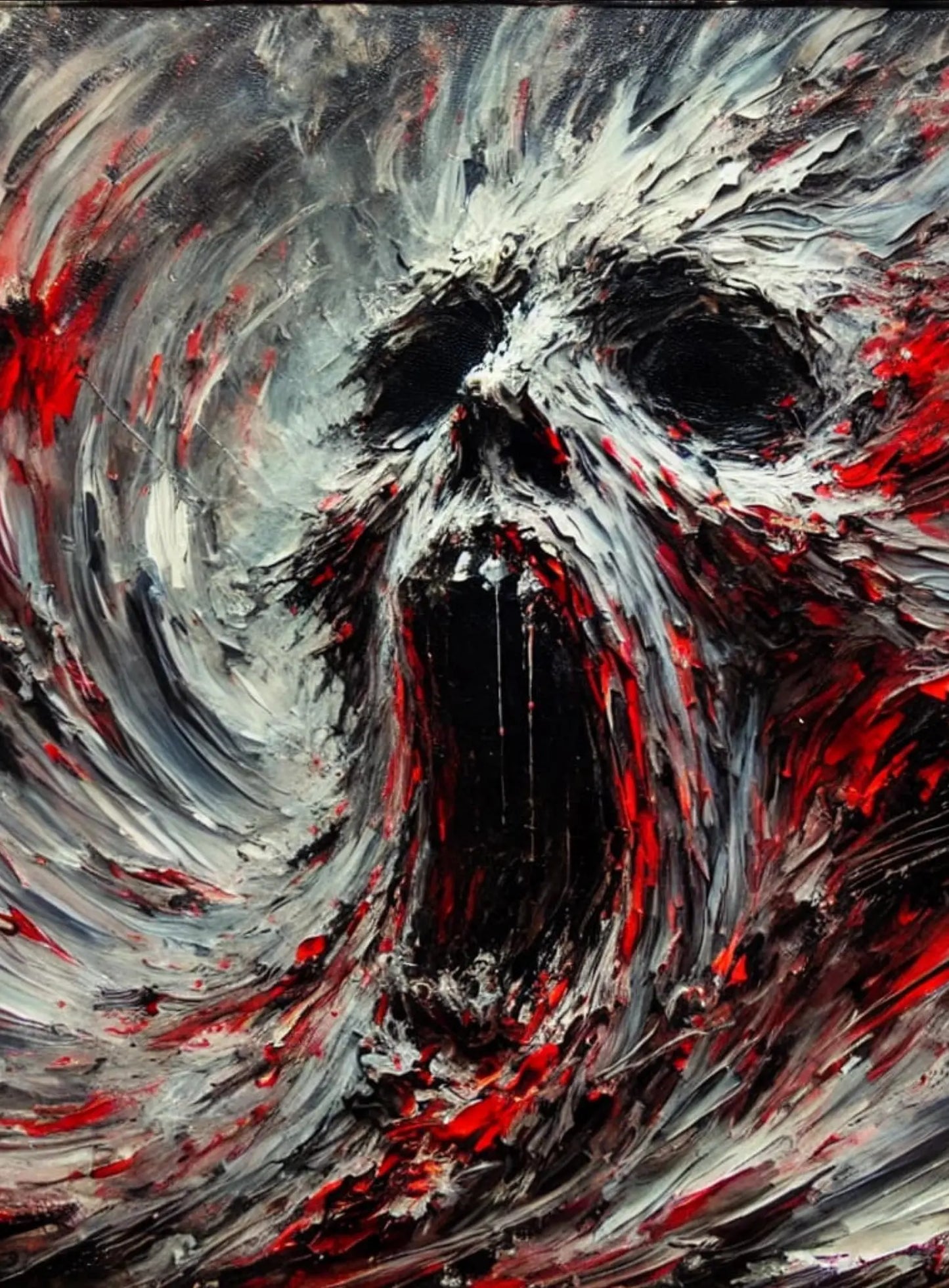 Albtraumhafte Masse aus schreienden Gesichtern in einem rot-schwarzen Mahlstrom – Symbol für kollektives Leiden.