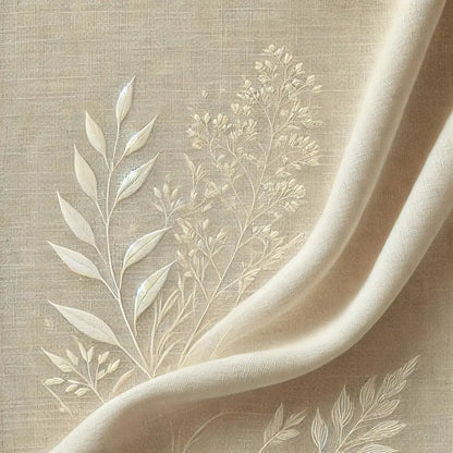 Zarte Stickerei floraler Elemente auf Leinenstoff – Heller Leinenhintergrund mit fein gestickten Blättern und Blüten in Ton-in-Ton-Optik.