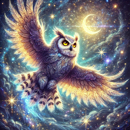 Leuchtende Eule mit Sternenhimmel und Halbmond im Hintergrund.