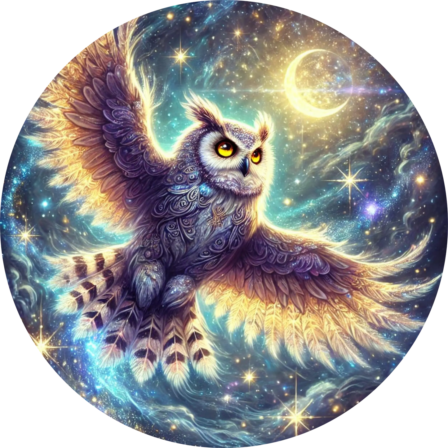 Leuchtende Eule in violettem Nachthimmel auf Ast