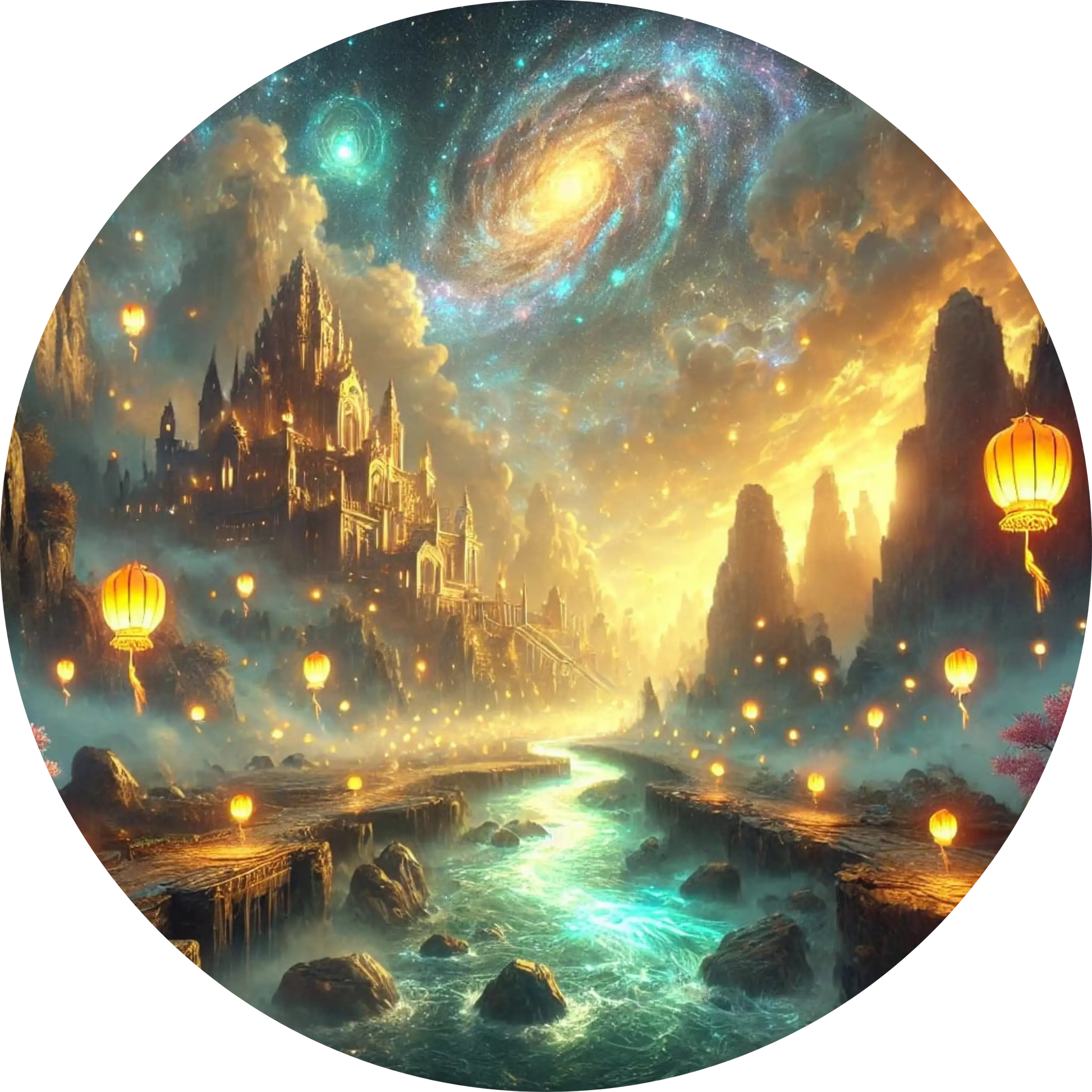 Leuchtende Fantasy-Landschaft mit Bergen und Sternennebel