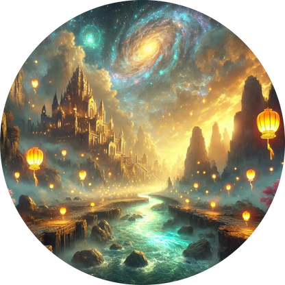 Leuchtende Fantasy-Landschaft mit Bergen und Sternennebel