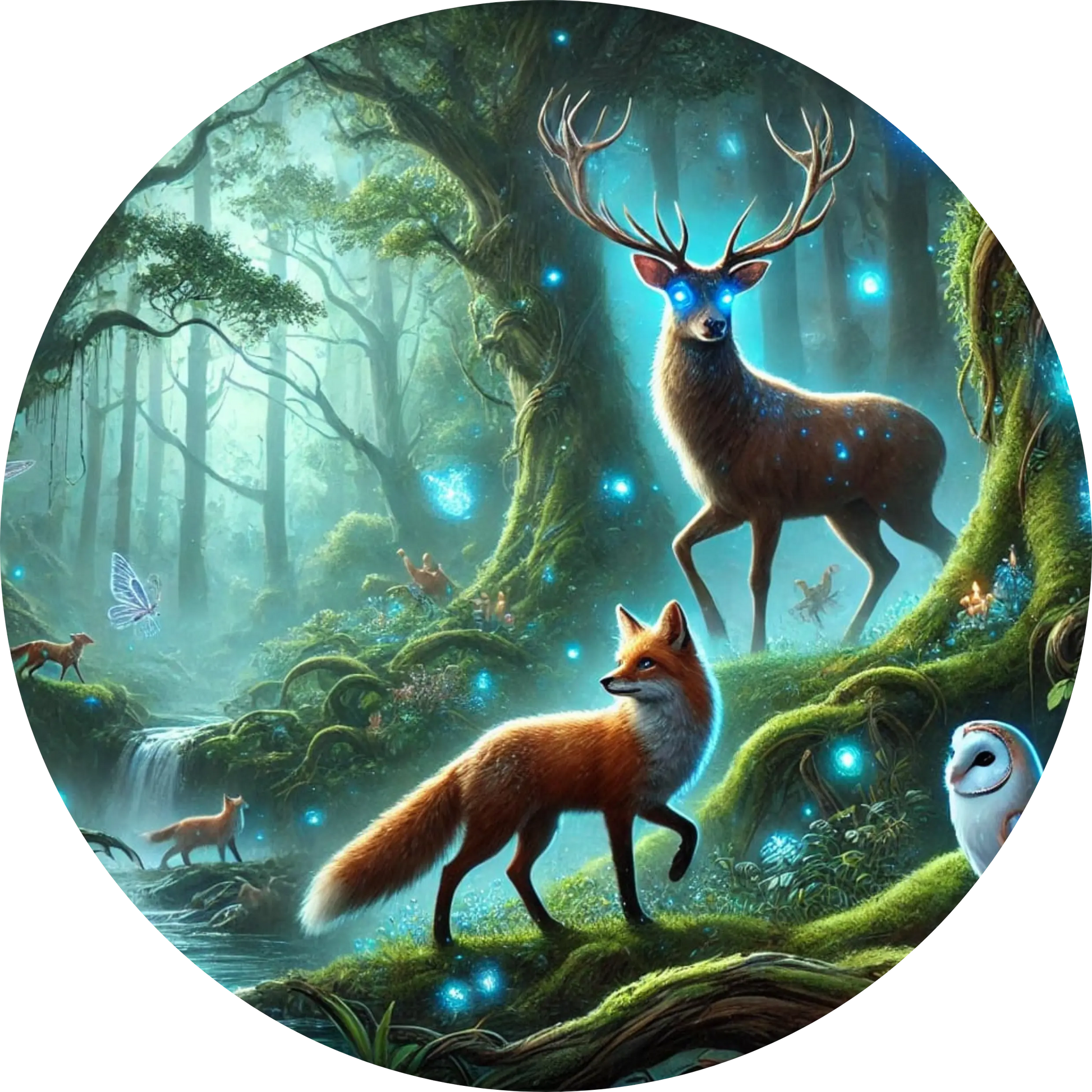 Leuchtende Rehe im verzauberten, blauen Wald mit magischem Nebel