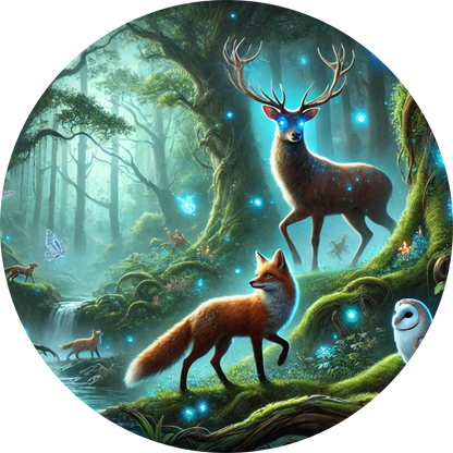 Leuchtende Rehe im verzauberten, blauen Wald mit magischem Nebel