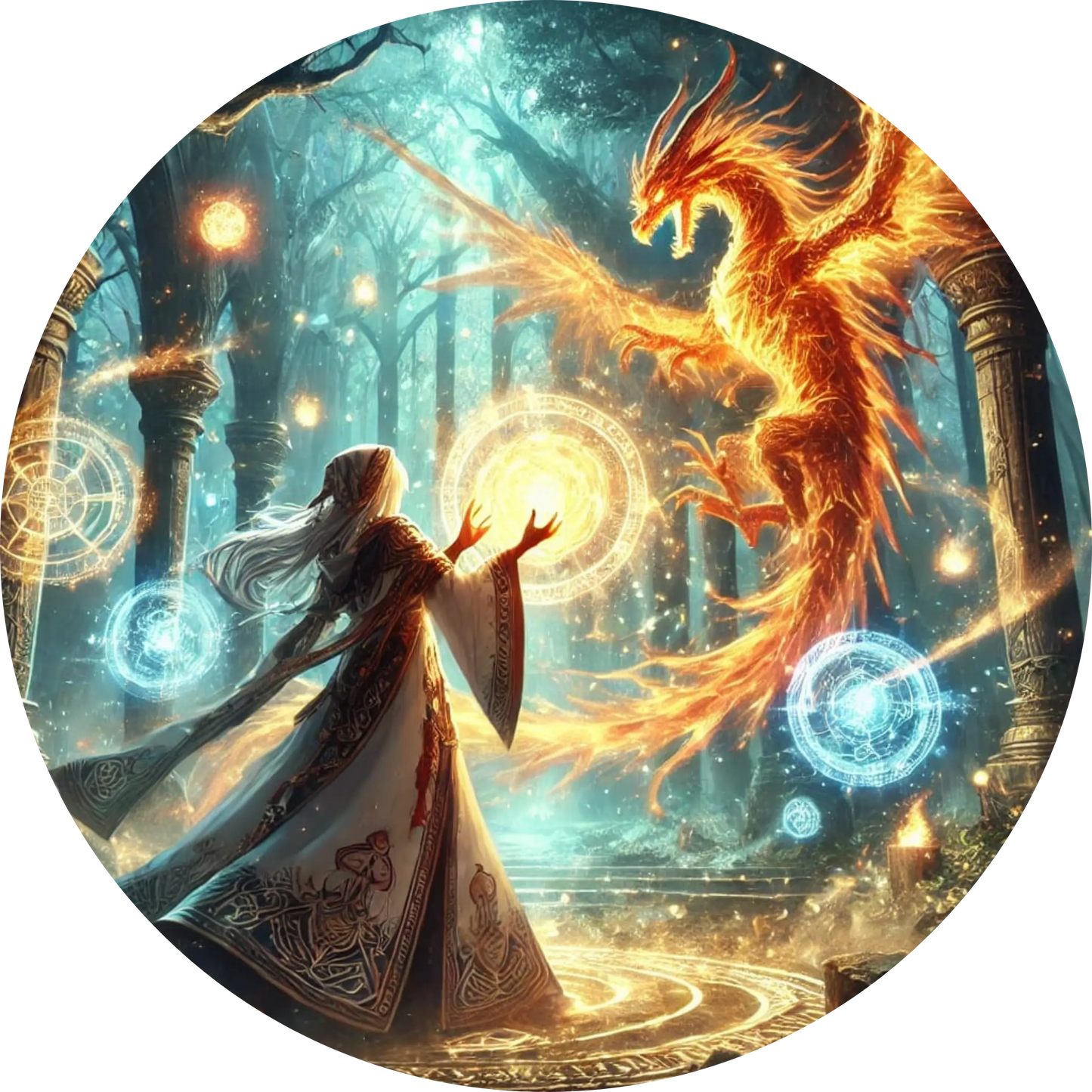 Magierin im Wald ruft mit Zauberstab einen leuchtenden Feuervogel