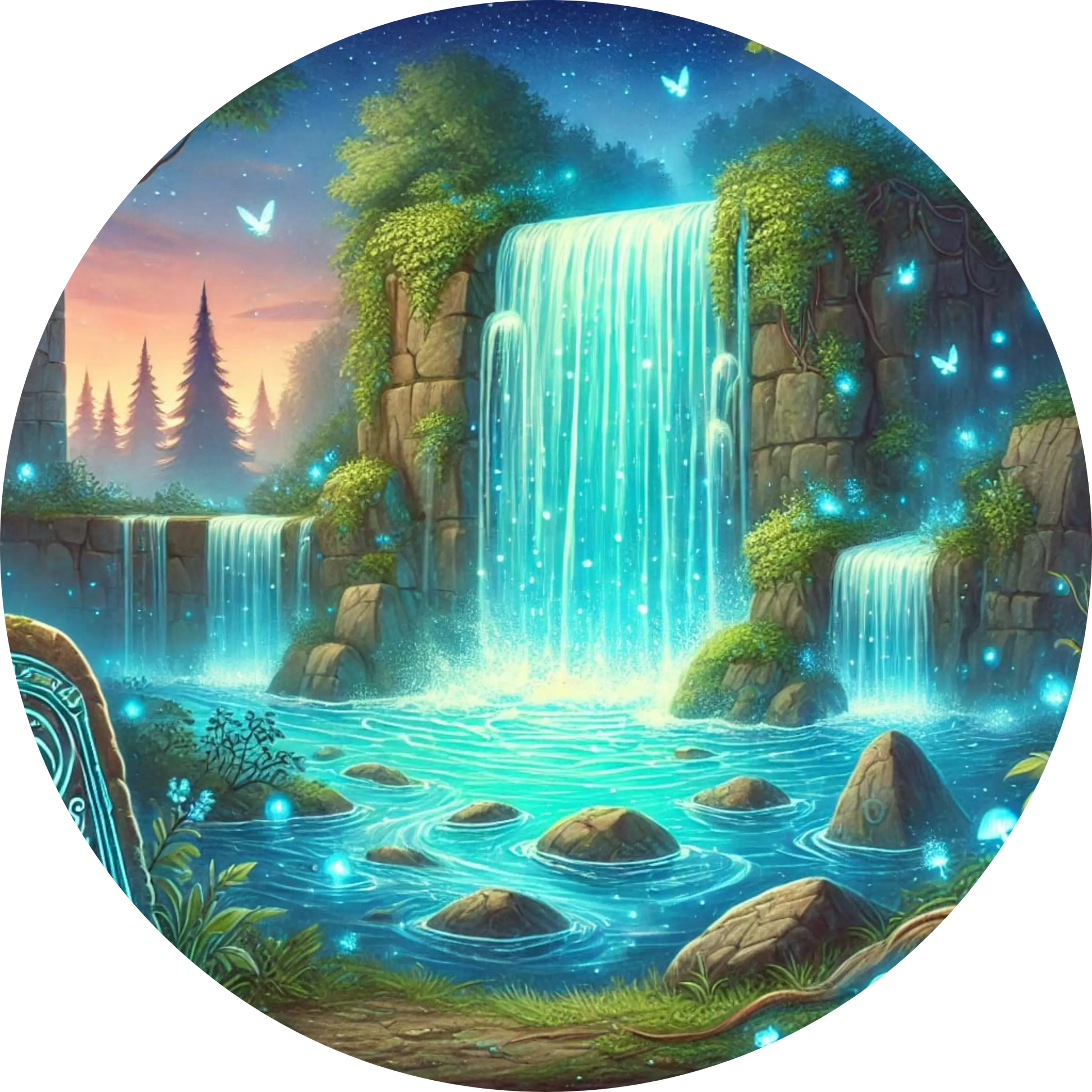 Leuchtender Wasserfall mit blauer Lagune in märchenhafter Fantasylandschaft