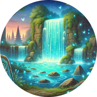 Leuchtender Wasserfall mit blauer Lagune in märchenhafter Fantasylandschaft