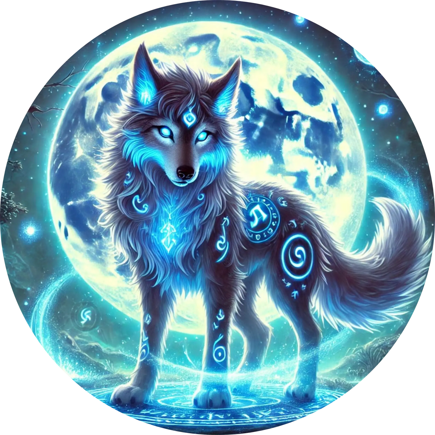 Leuchtender Wolf mit blauer Energieaura und mystischen Mustern