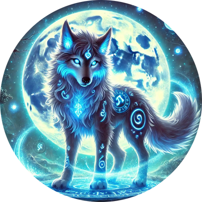 Leuchtender Wolf mit blauer Energieaura und mystischen Mustern