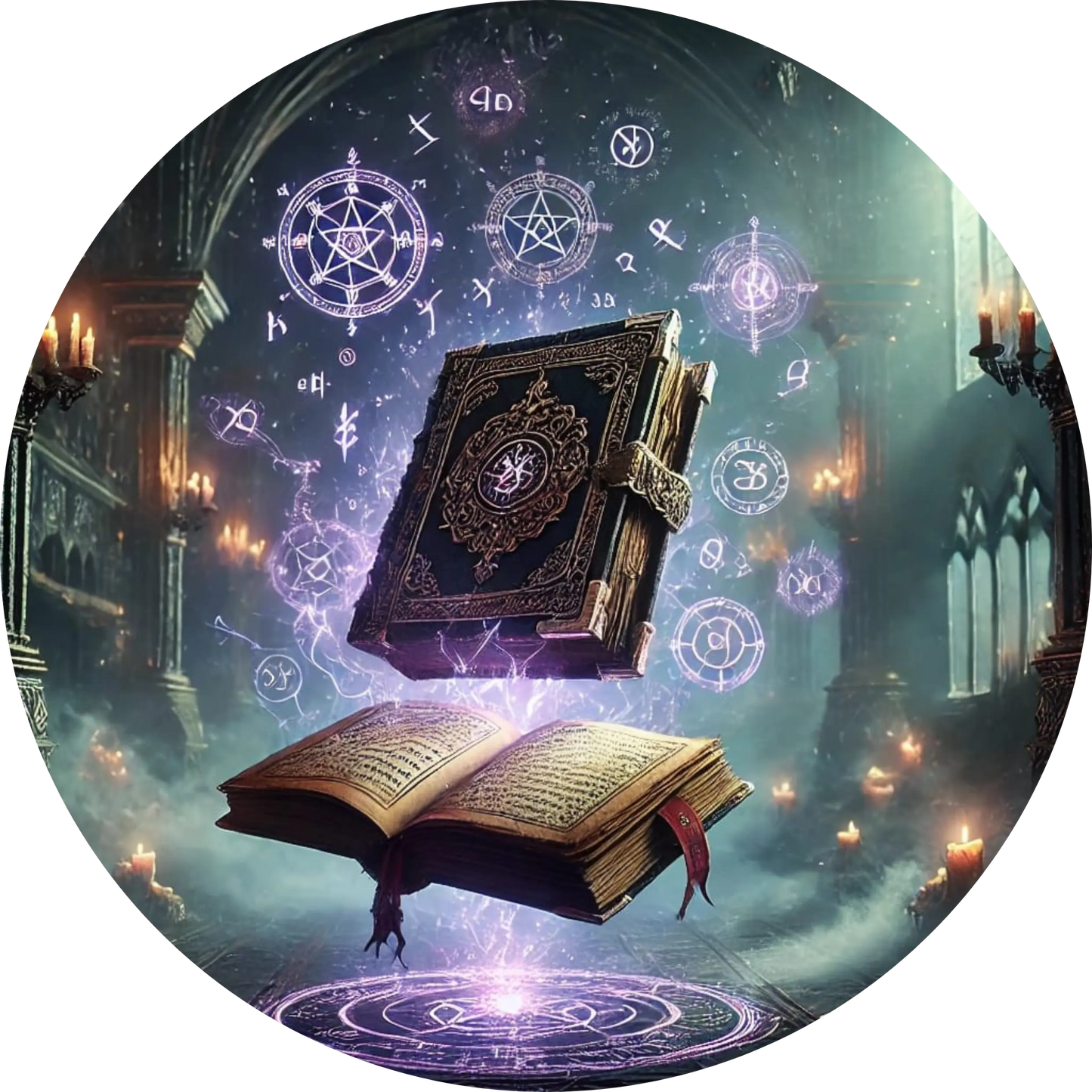 Leuchtendes Buch schwebt vor dunklem Sternenhintergrund