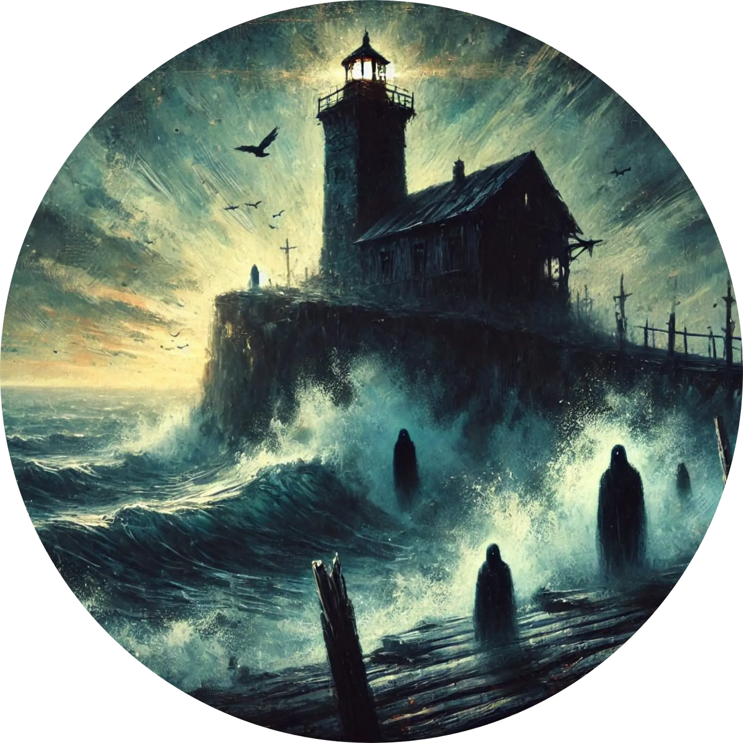 Verlassenes Leuchtturmgebäude auf felsiger Küste mit gespenstischem Licht