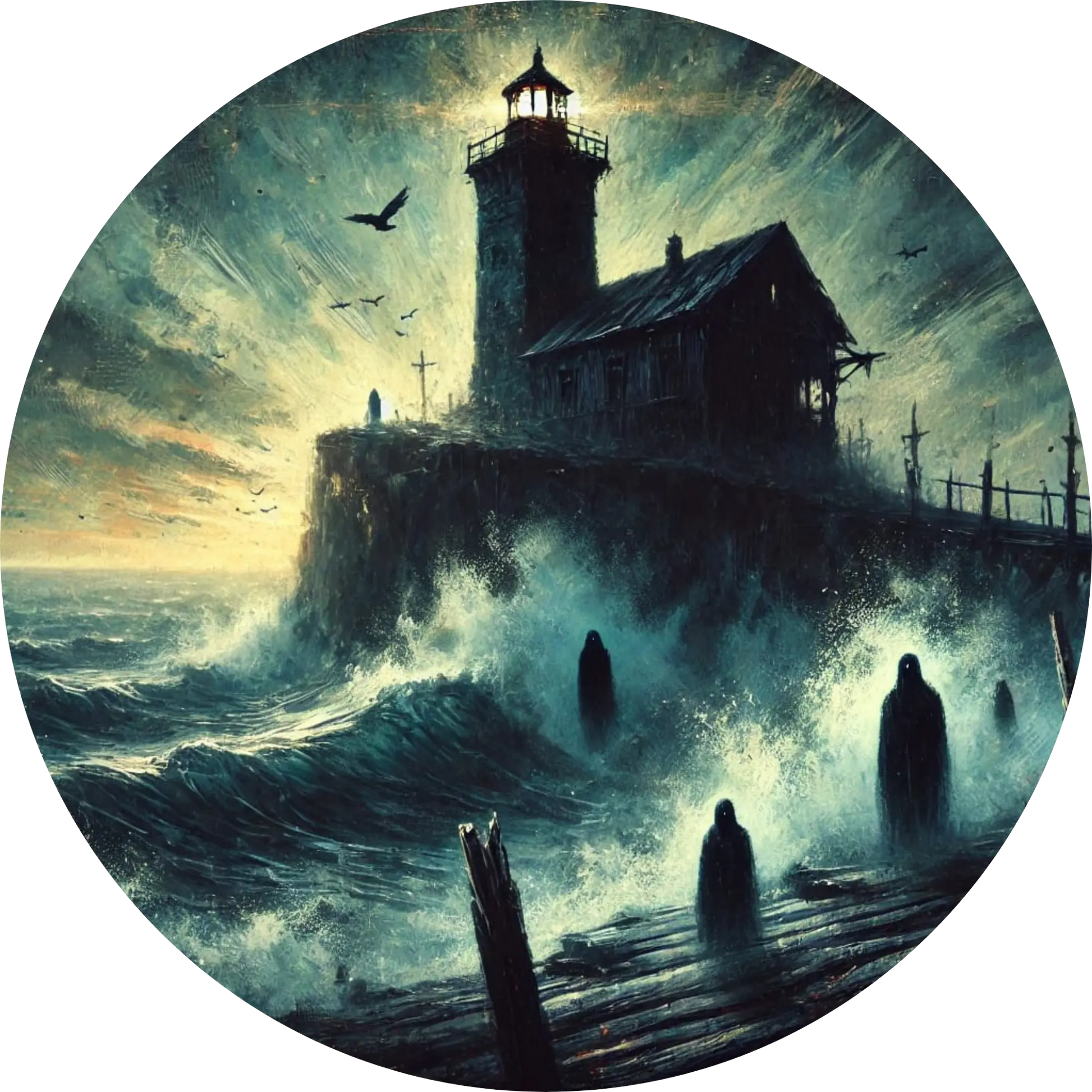 Verlassenes Leuchtturmgebäude auf felsiger Küste mit gespenstischem Licht