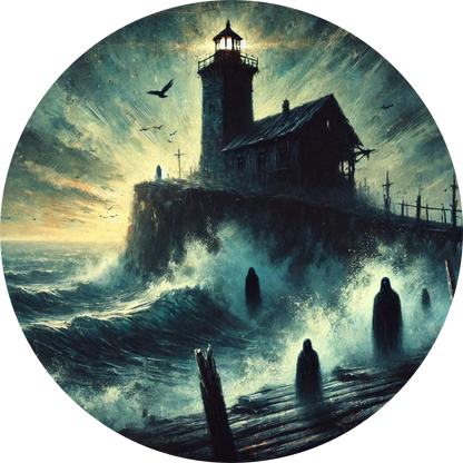 Verlassenes Leuchtturmgebäude auf felsiger Küste mit gespenstischem Licht