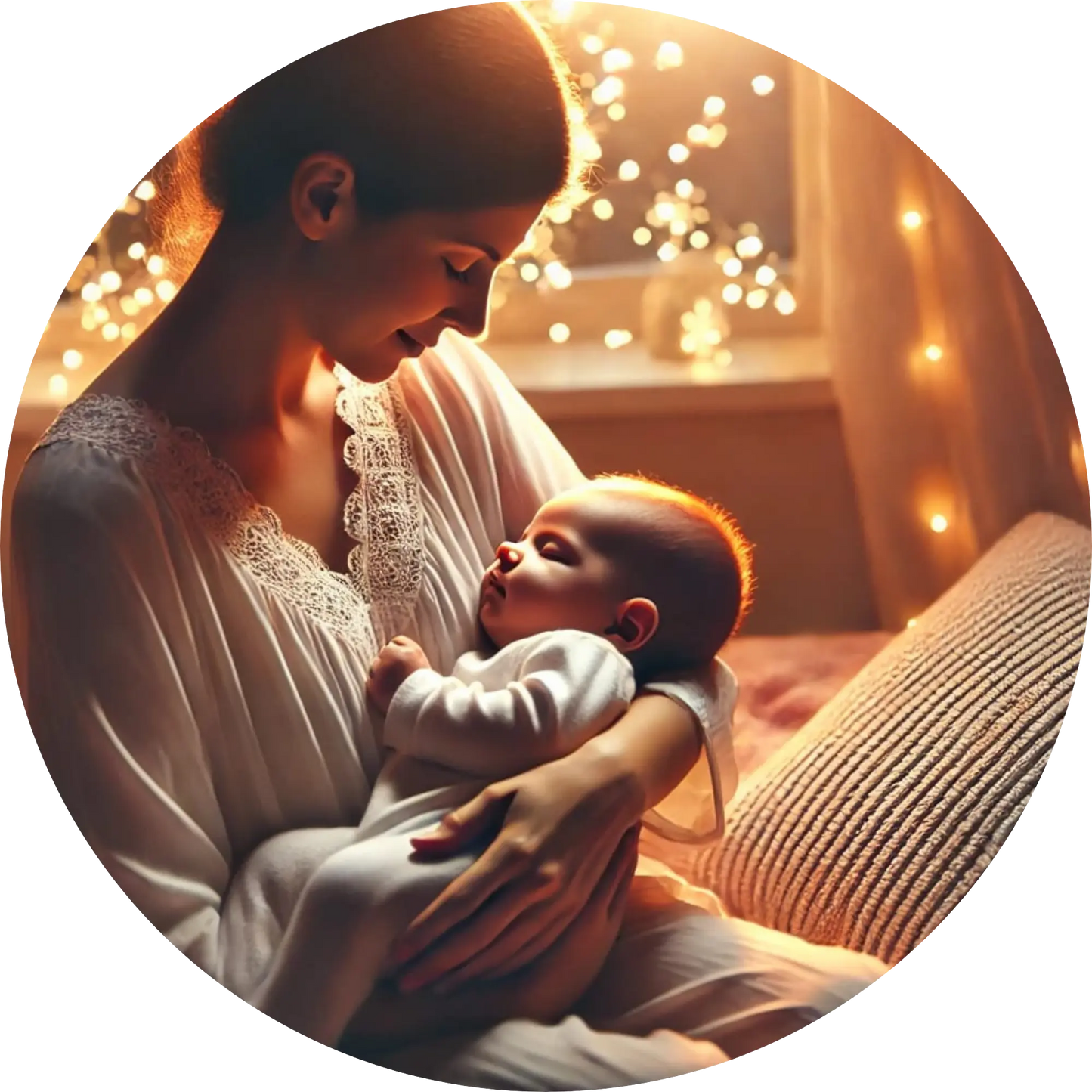 Mama mit Baby im Arm bei Lichterkette – inniges Motiv für junge Familien