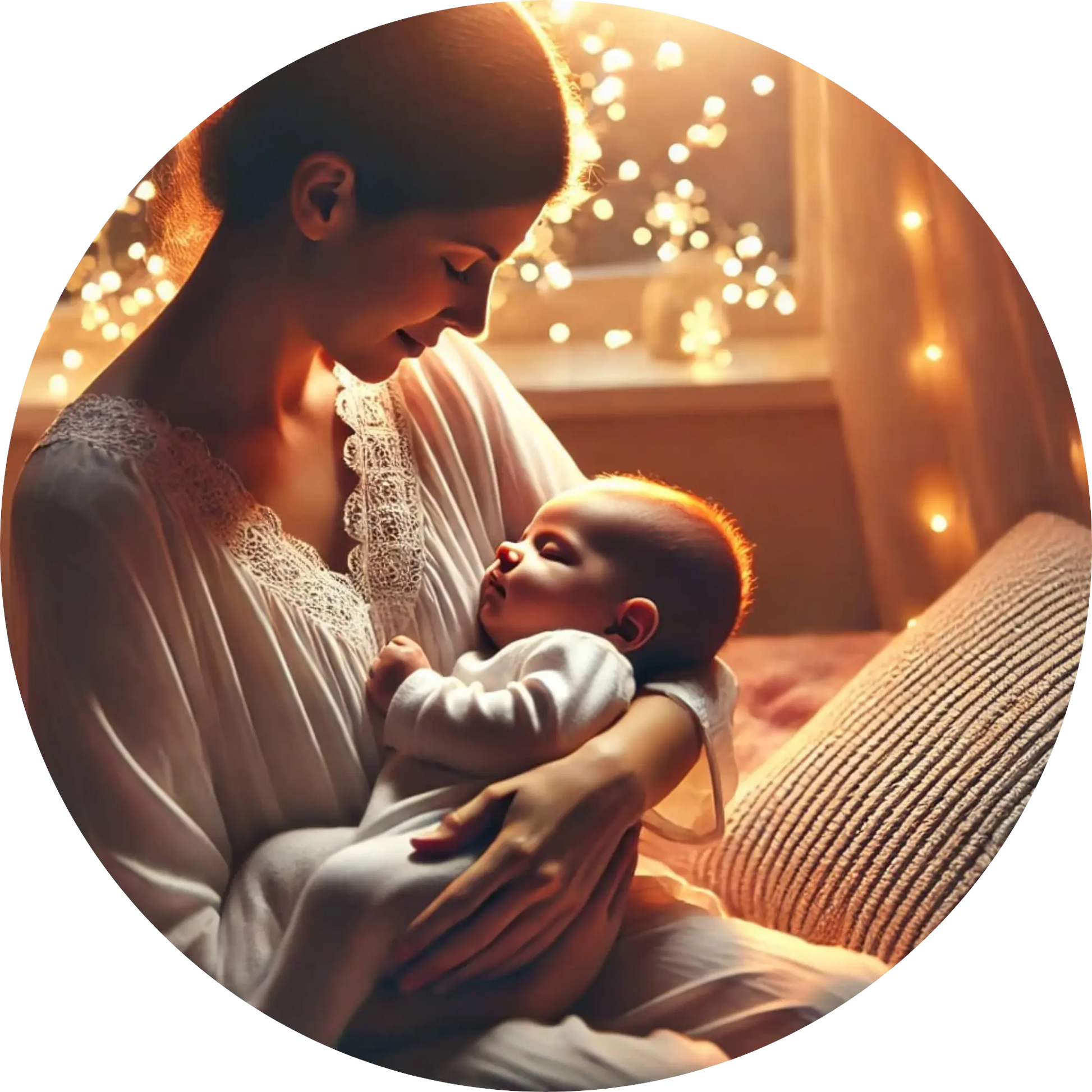 Mama mit Baby im Arm bei Lichterkette – inniges Motiv für junge Familien