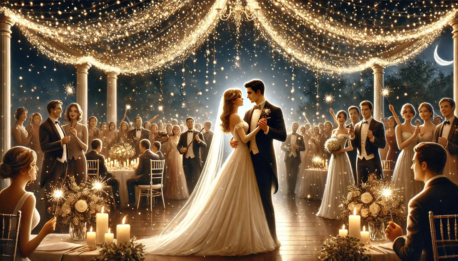 Brautpaar tanzt unter funkelnden Lichterketten bei einer abendlichen Hochzeitsfeier im Freien – umgeben von Gästen mit Wunderkerzen.