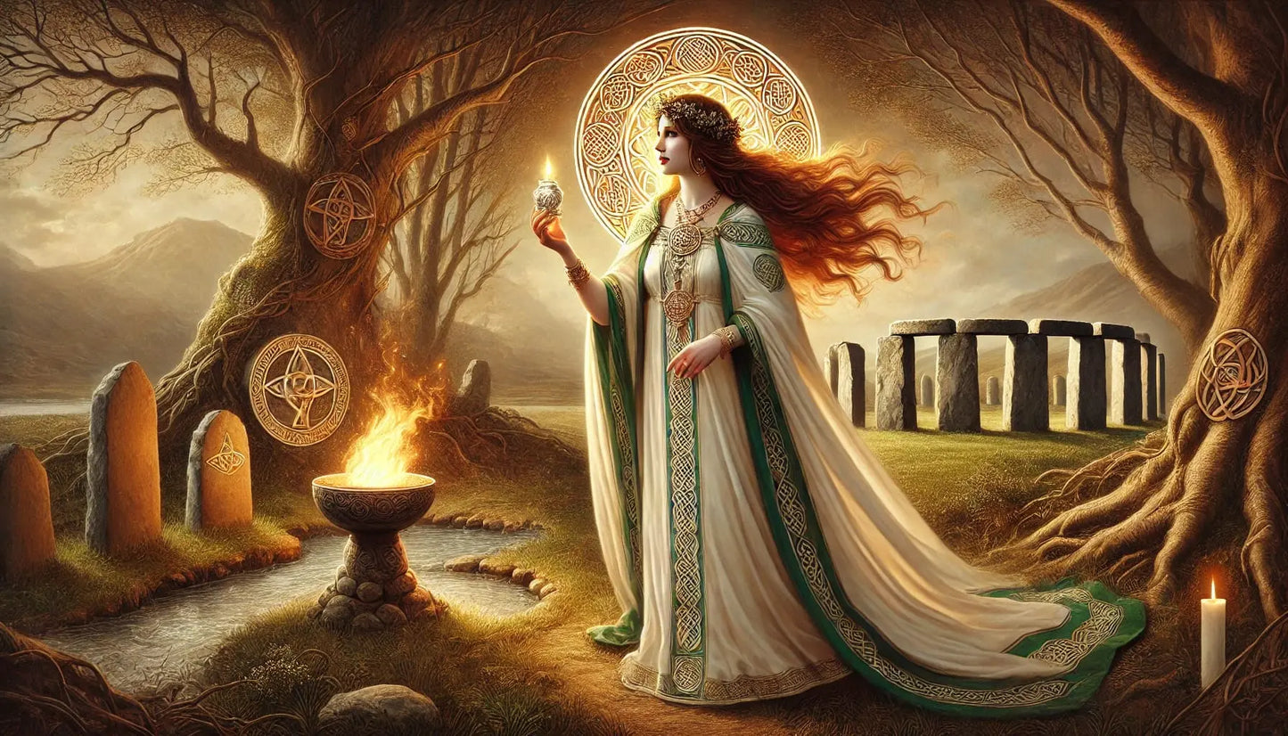 Priesterin bei Feueraltar: Weibliches Lichtwesen mit Fackel und heiligen Symbolen vor einem Ritualplatz im Sonnenuntergang.