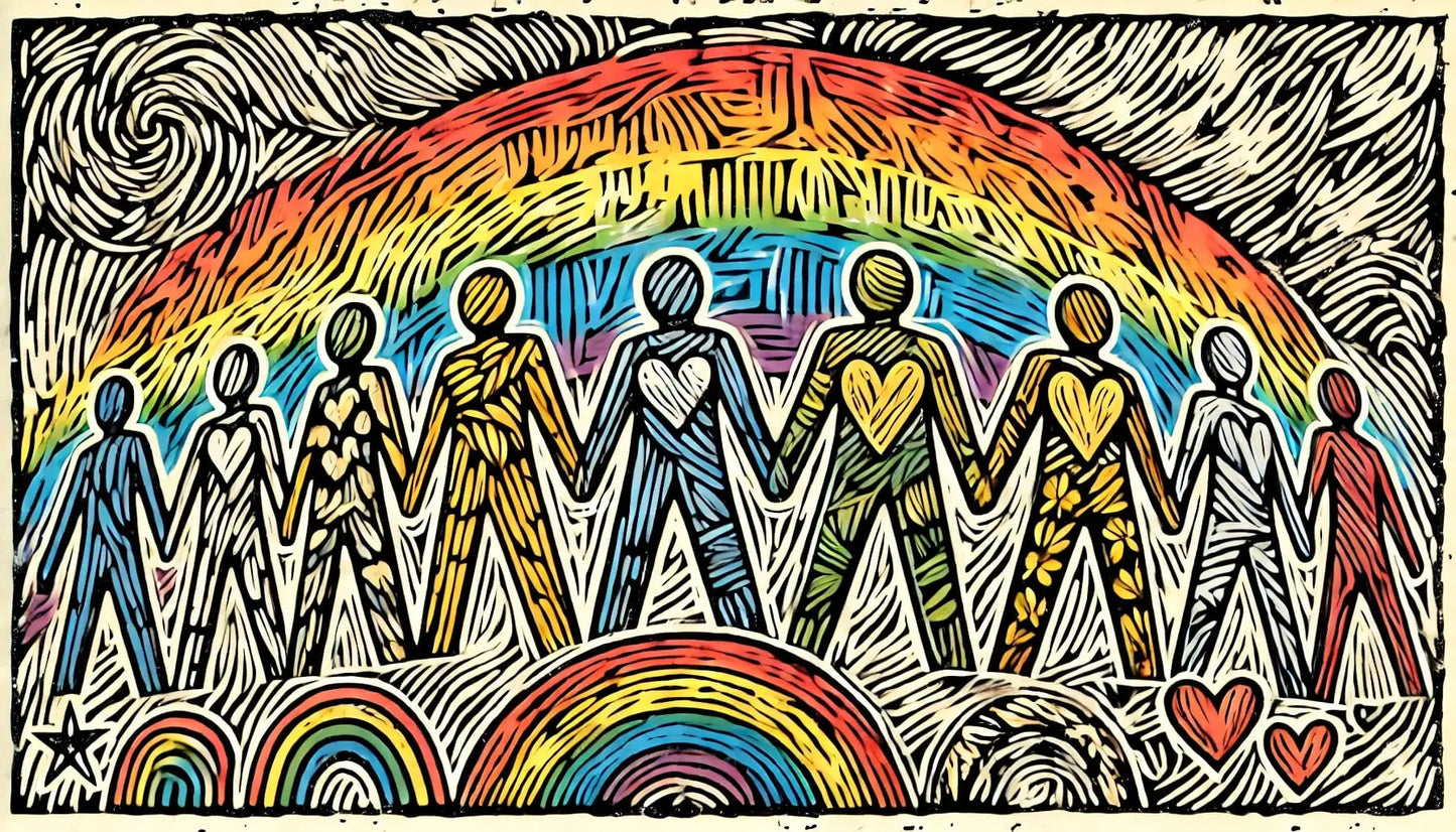 Gruppe diverser Menschen unter einem strahlenden Regenbogen, Gemeinschaft, Vielfalt und Akzeptanz in ausdrucksstarkem Zeichenstil.