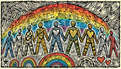 Gruppe diverser Menschen unter einem strahlenden Regenbogen, Gemeinschaft, Vielfalt und Akzeptanz in ausdrucksstarkem Zeichenstil.