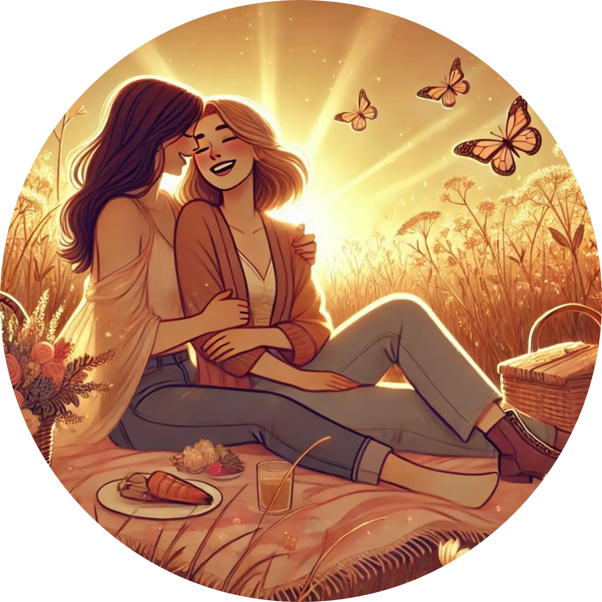 Zwei Frauen liegen lachend auf einer Decke im Gras bei Sonnenuntergang.