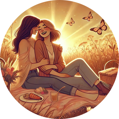 Zwei Frauen liegen lachend auf einer Decke im Gras bei Sonnenuntergang.