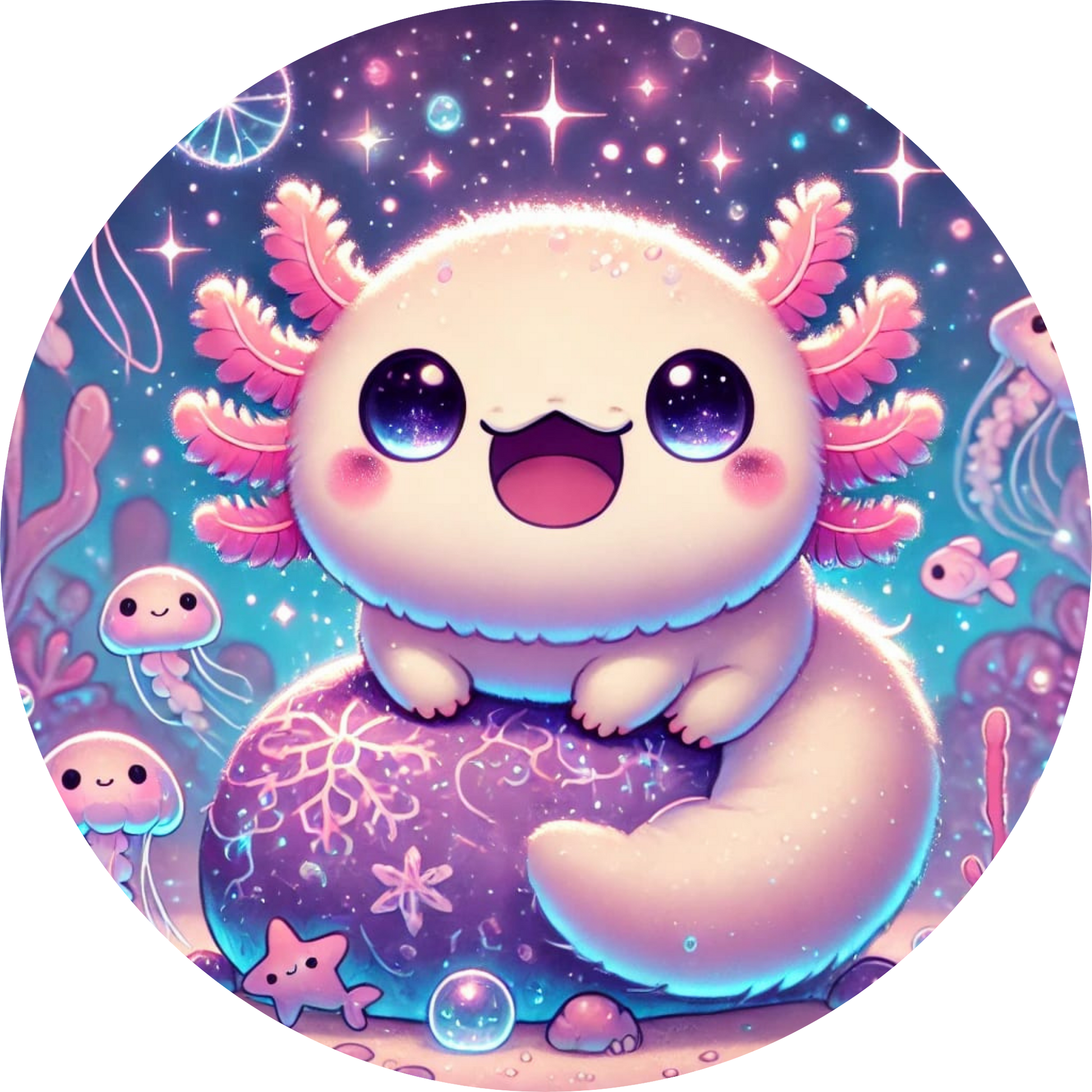 
Lila Axolotl-Baby mit großen Kulleraugen liegt auf funkelndem Hintergrund