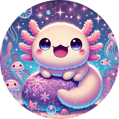 
Lila Axolotl-Baby mit großen Kulleraugen liegt auf funkelndem Hintergrund