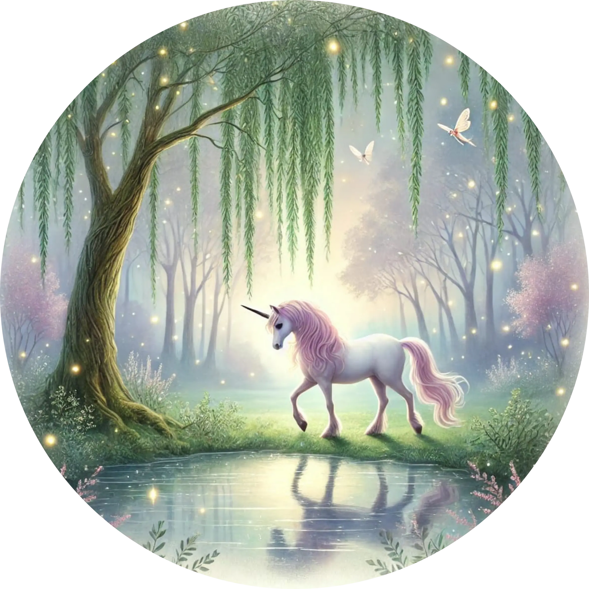  Lila Einhorn steht im Wald zwischen Lichtstrahlen
