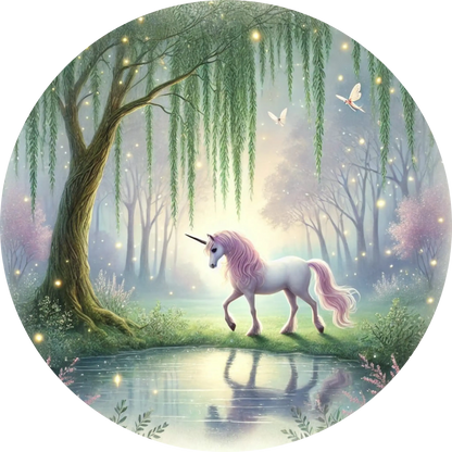  Lila Einhorn steht im Wald zwischen Lichtstrahlen
