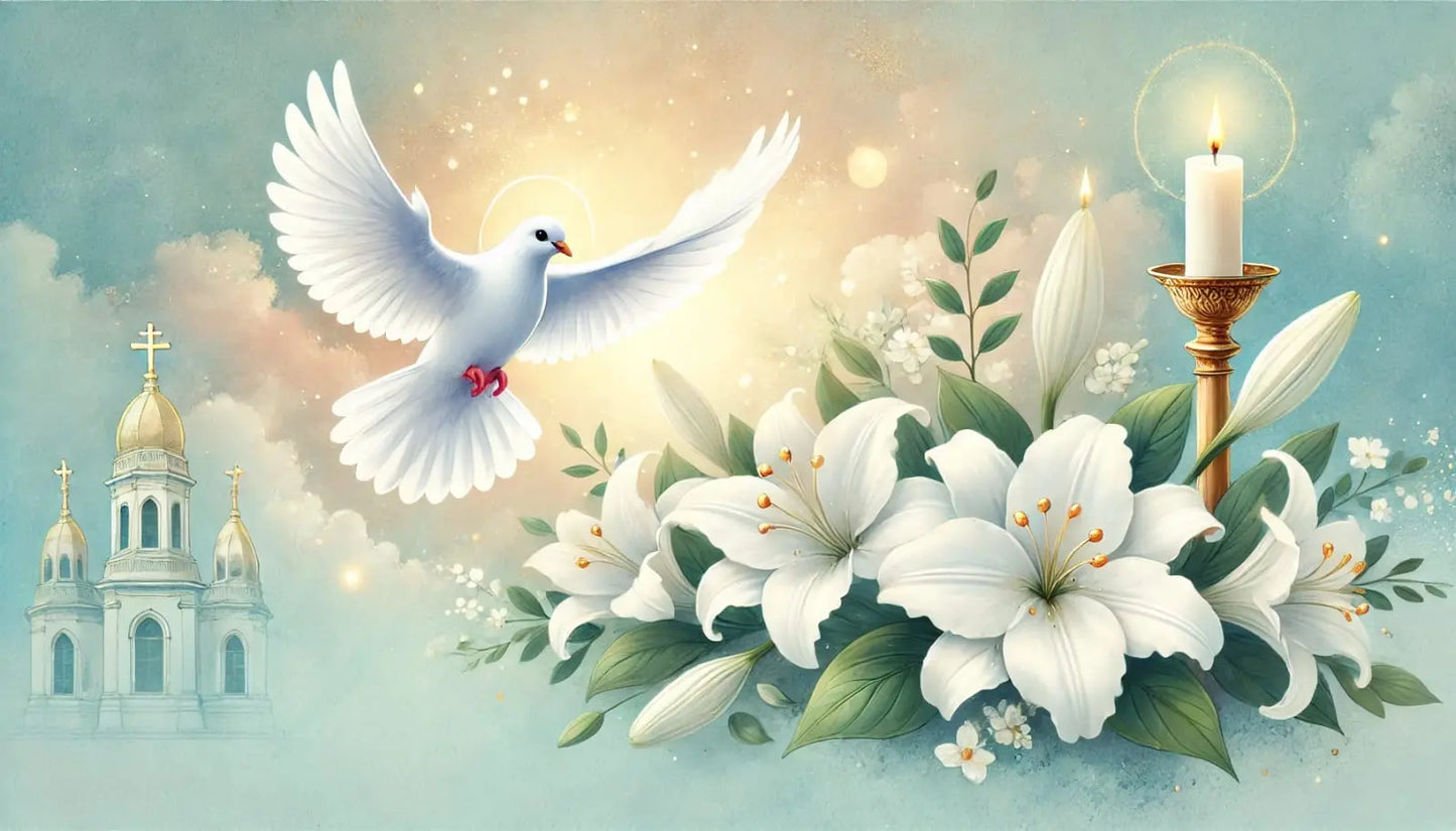 Weiße Taube mit Hostie und Lilien auf feierlichem Hintergrund – klassisches Tauf- oder Kommunionmotiv