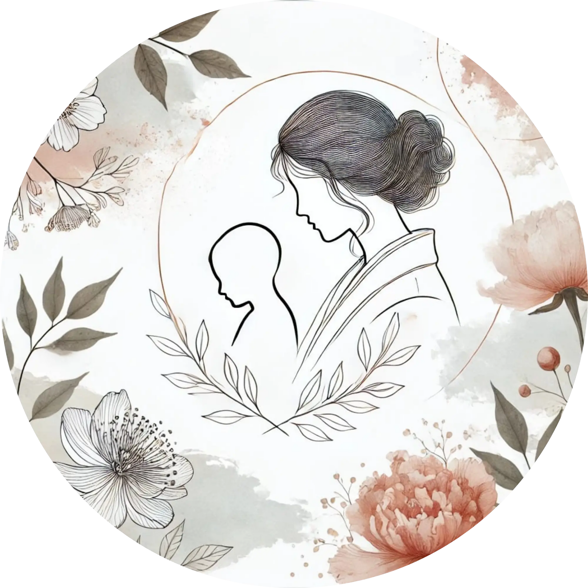 Minimalistisches Line-Art-Motiv einer stillenden Mutter mit floralen Akzenten.
