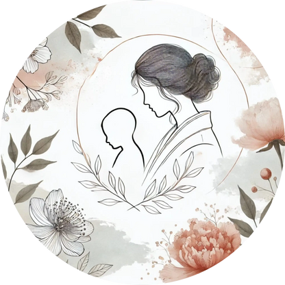 Minimalistisches Line-Art-Motiv einer stillenden Mutter mit floralen Akzenten.
