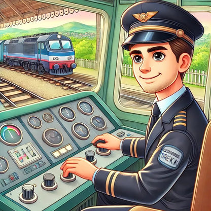 Bahn-Fahrer im Führerstand mit Sicht auf Gleise und Kontrollpult